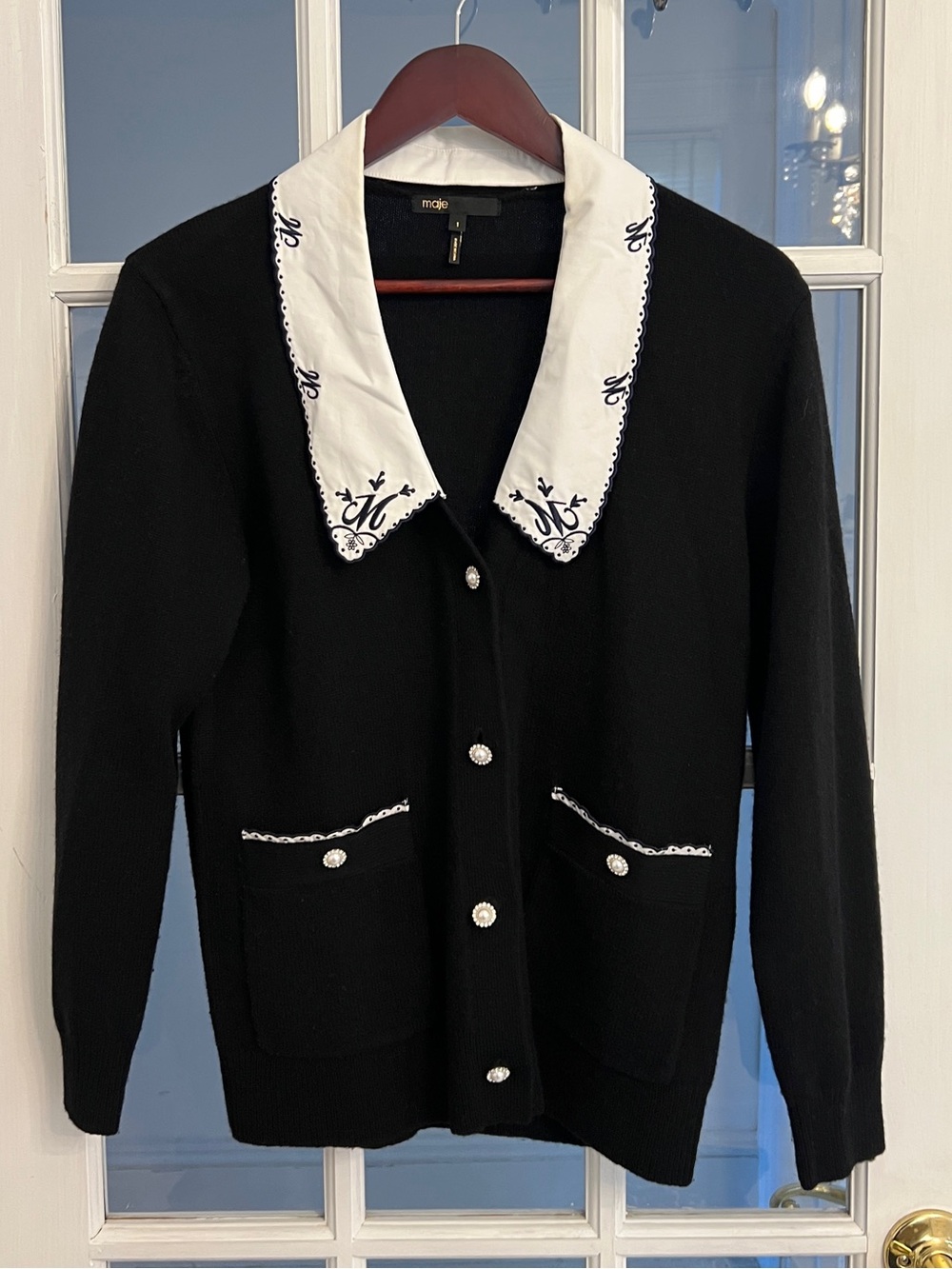 Maje Womenâs Marianny Wool Yak Embroidered Collar Cardigan MFPCA00228 Size 1 S